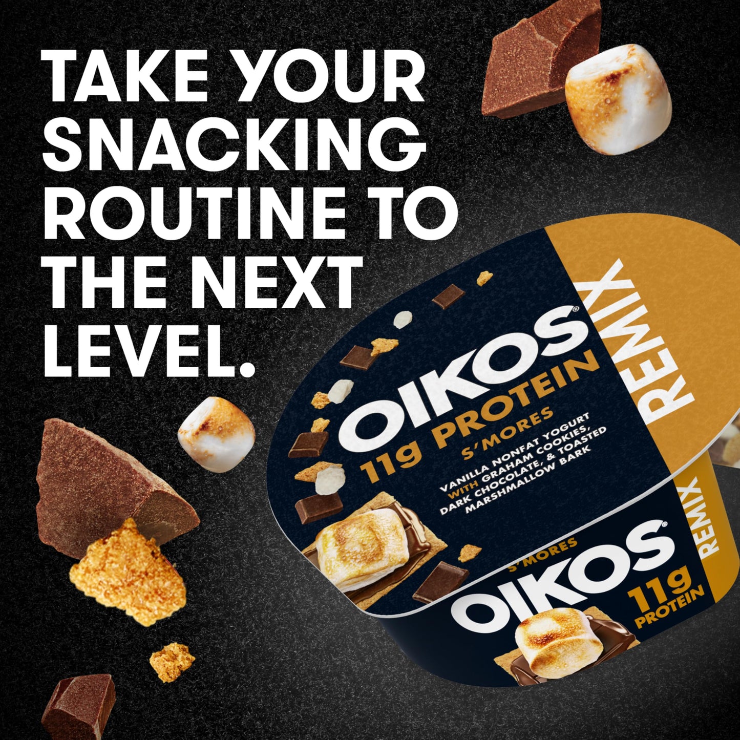 Oikos REMIX Smores Vanilla Nonfat Greek Yogurt with Graham Cookies, Dark Chocolate and Toasted Marshmallow Bark Mix-Ins, Delicio