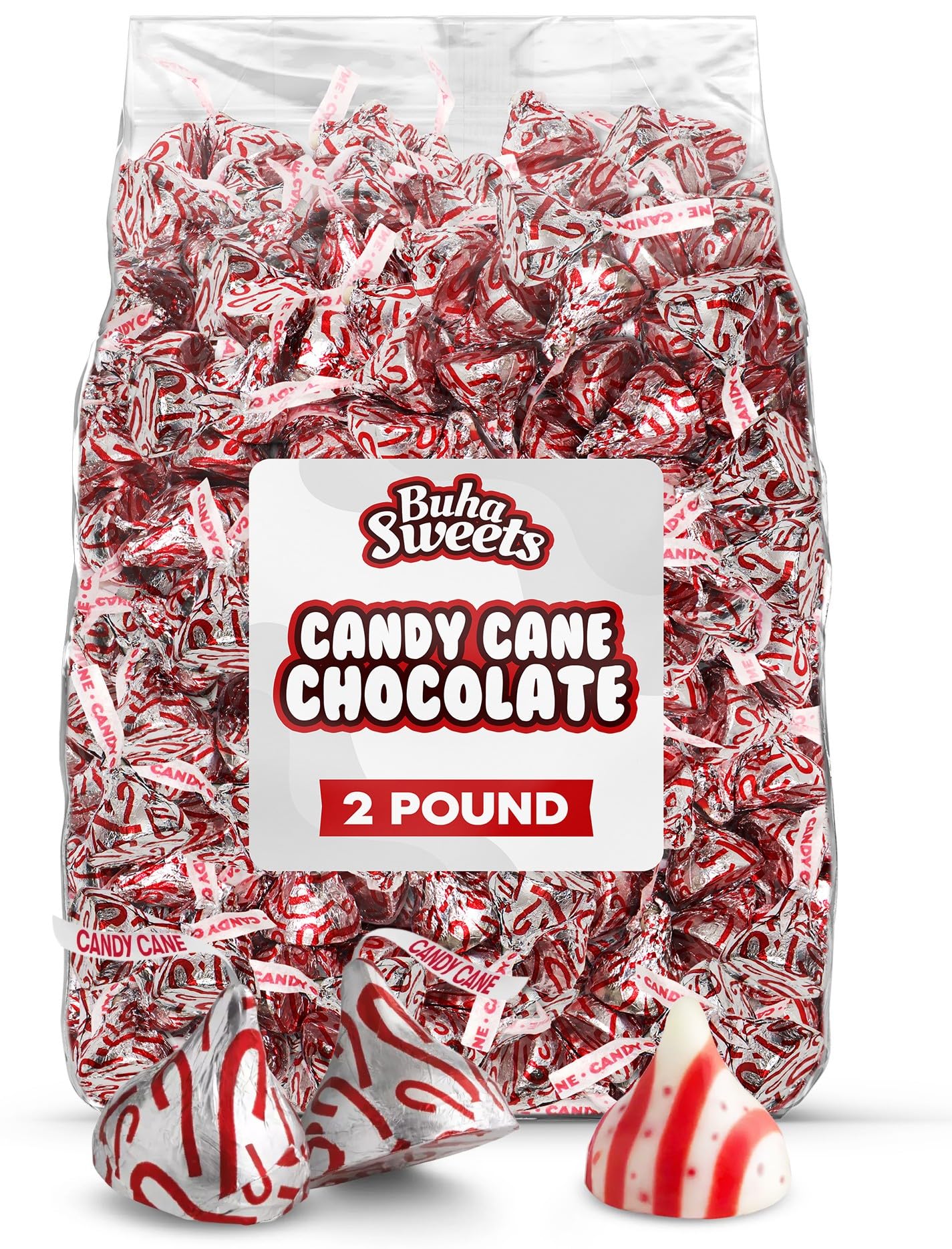 Buha Sweets Candy Cane Milk Chocolate Candies, 2lb Bag, Peppermint Flavored, Individually Wrapped, Holiday Treats