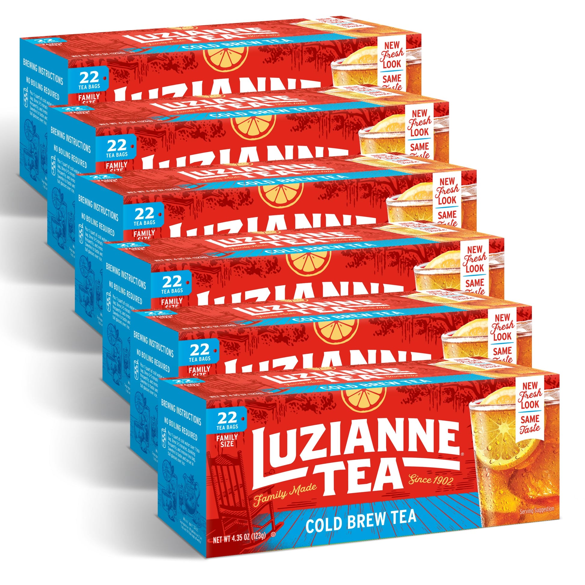 Luzianne Unsweetened Cold Brew Black Iced Tea Bags, Family Size, 22 Count, Pack of 6