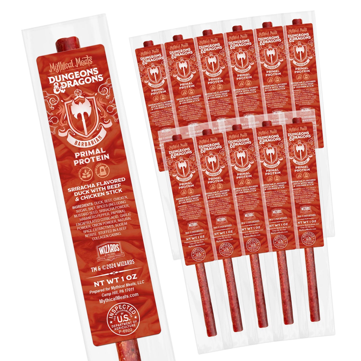 Mythical Meats Dungeons & Dragons Primal Protein (Barbarian) - 12 Jerky Sticks - Sriracha Flavored Duck with Beef & Chicken Stic