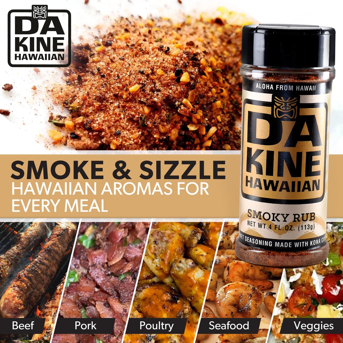 Da Kine Hawaiian BBQ Dry Rub Seasoning - Gluten-Free, Low Sodium, Smoky Flavor - 4 oz Pack