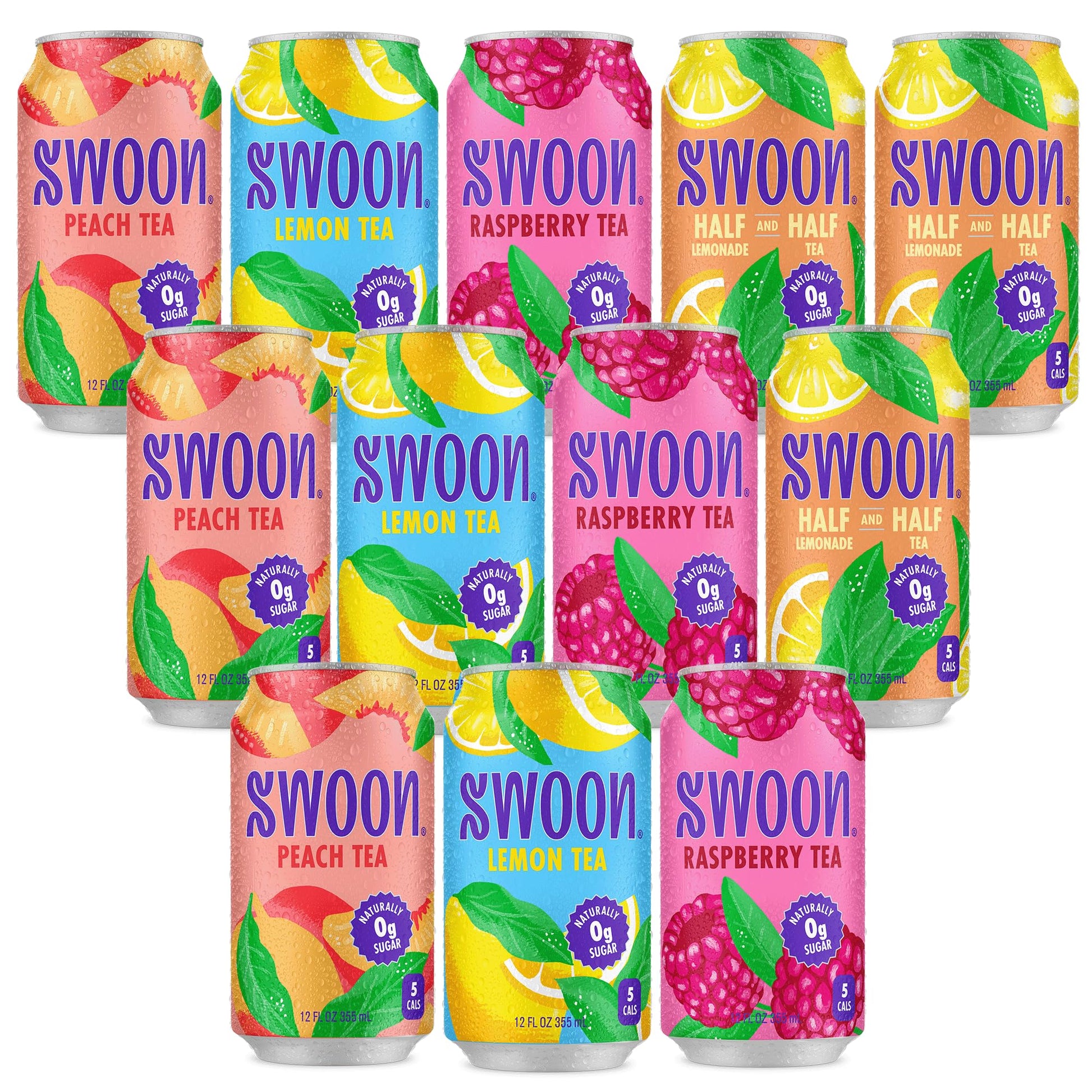 Swoon Sugar Free Iced Tea Variety Pack - Low Carb, Gluten-Free, 12 Fl Oz (Pack of 12) - Lemon, Raspberry, Peach, Half & Half Flavours