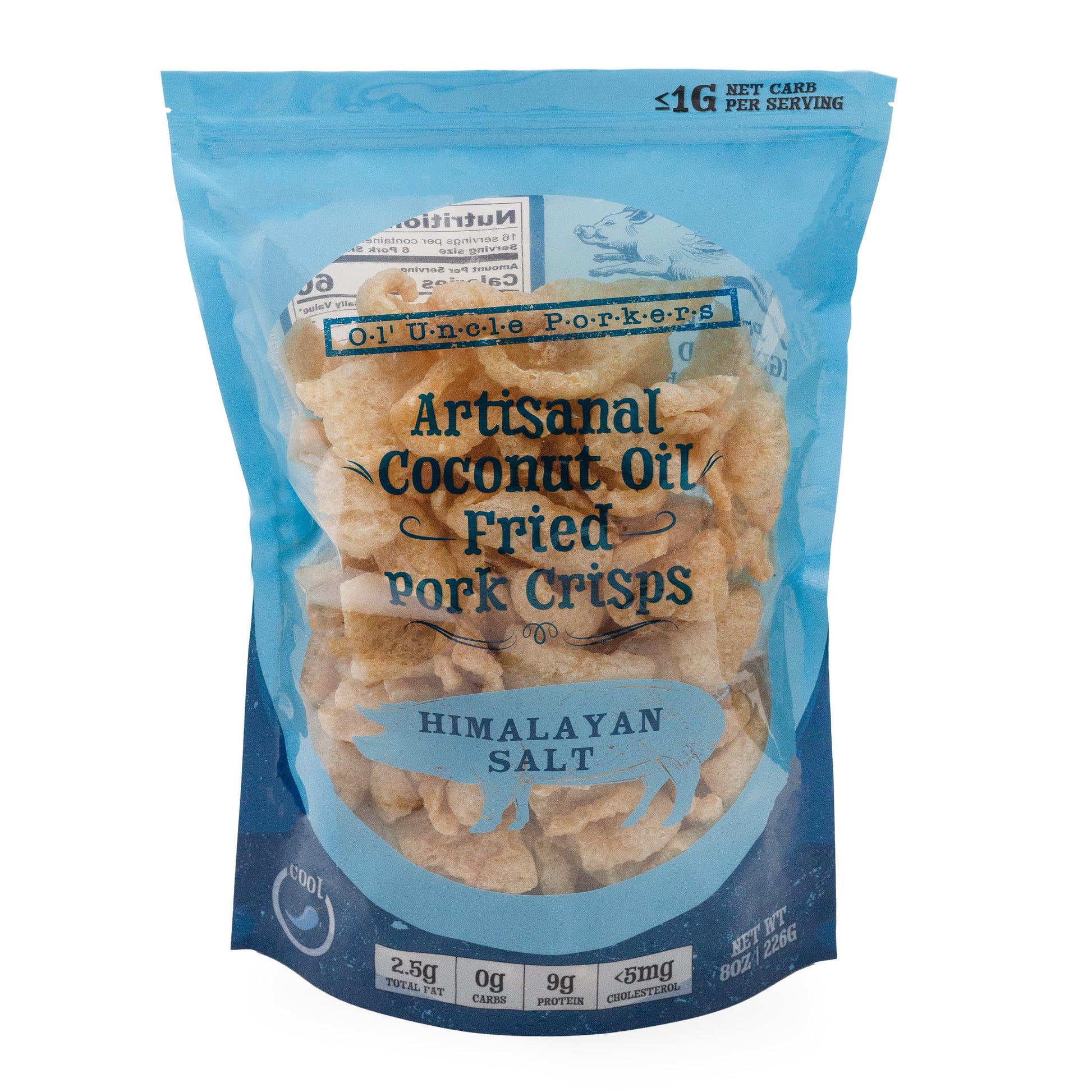 Ol Uncle Porkers Keto Friendly Pork Rinds, Artisan Fried in Coconut Oil, Himalayan Pink Salt, 8oz Bag