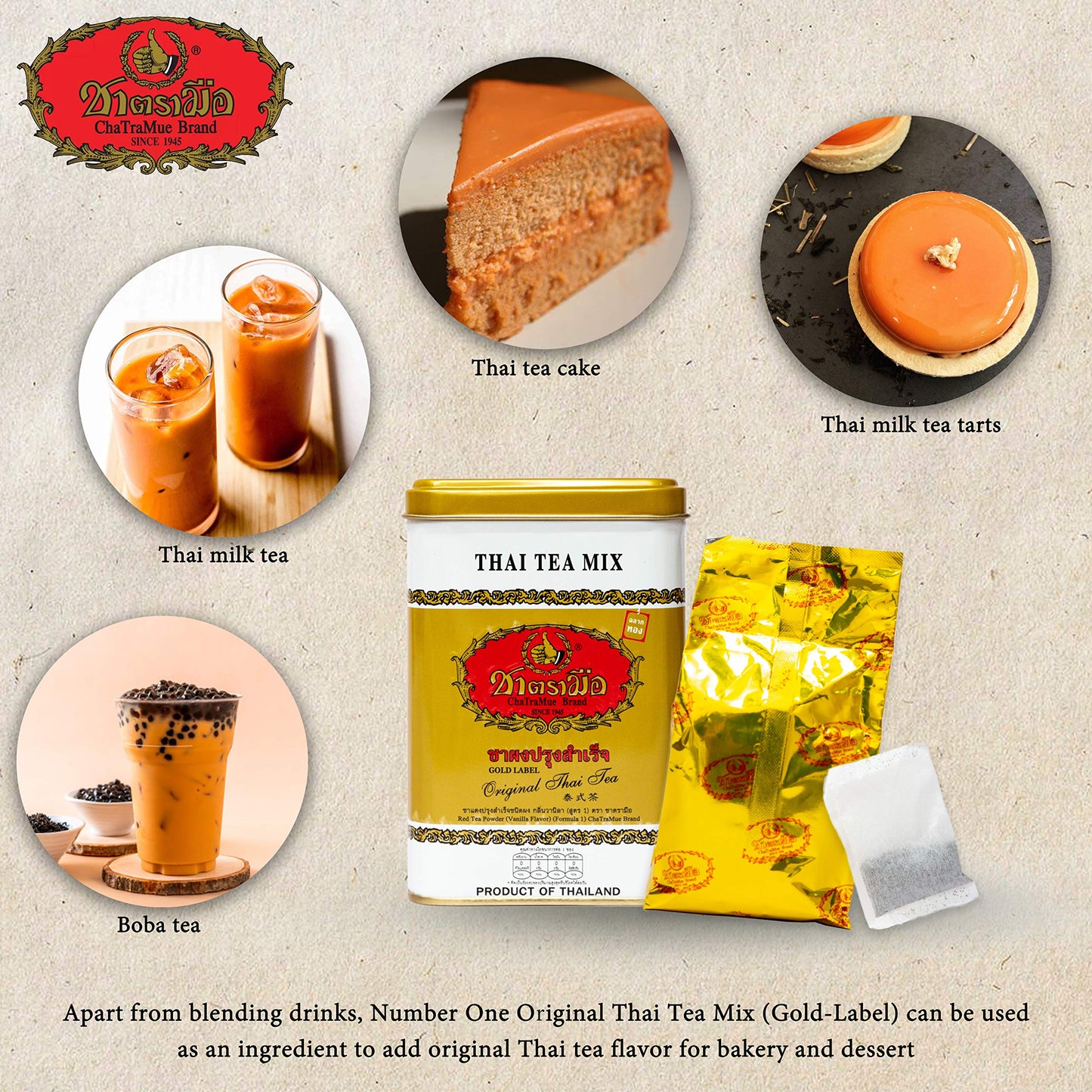 Number One Original Thai Tea Mix Chatramue Thai Tea For Boba Tea, Hot Tea, Iced Tea (Gold Label 50 Tea Bags)