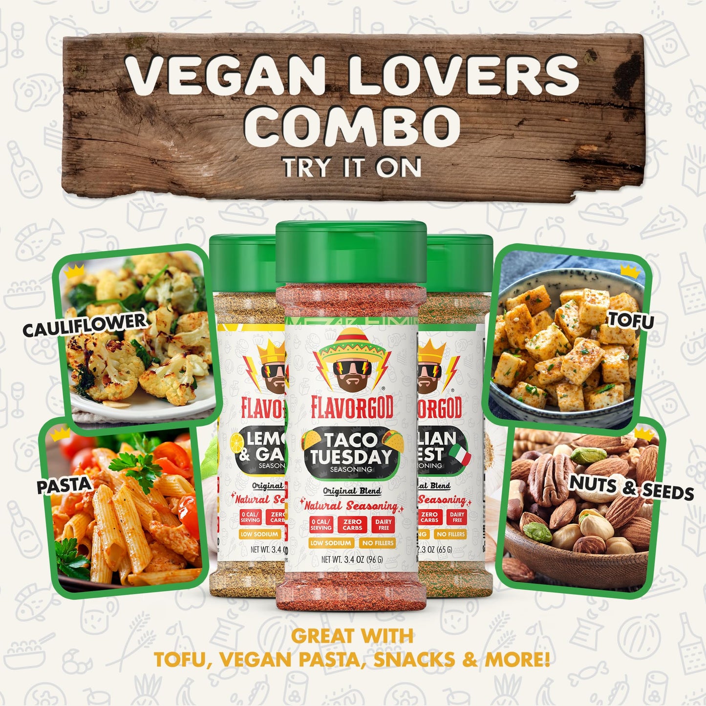 Flavor God Vegan Lovers Combo Pack - Herbs, Spices & Seasoning Gift Set, Includes Italian Zest, Taco Tuesday, Lemon & Garlic - Pack of 3