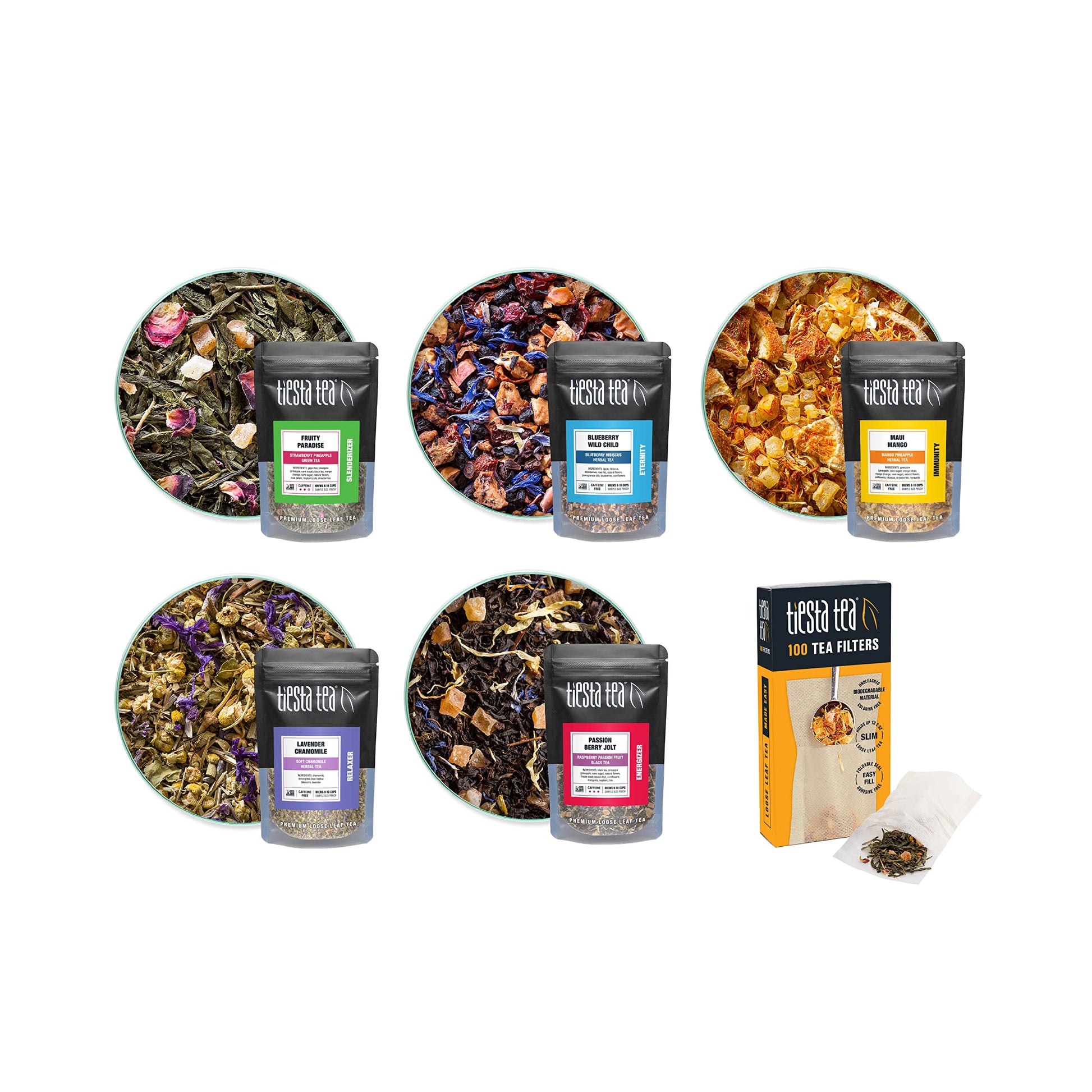 Tiesta Tea - Loose Leaf Starter Kit, Tea Set With Black, Green, Herbal Tea Sample Bags, Disposable & Eco-Friendly Tea Filters (100 Count), Brews Hot & Iced Tea