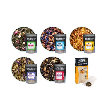 Tiesta Tea - Loose Leaf Starter Kit, Tea Set With Black, Green, Herbal Tea Sample Bags, Disposable & Eco-Friendly Tea Filters (100 Count), Brews Hot & Iced Tea