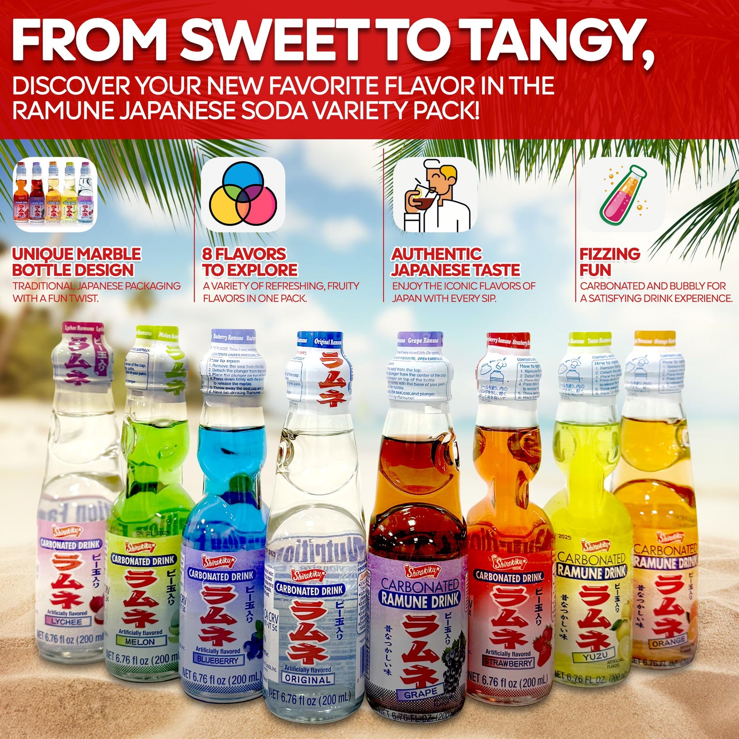 Endless Savings Ramune Japanese Soda Soft Drinks - Sparkling Beverage For Parties, Original, Yuzu, Grape, Orange, Melon, Lychee