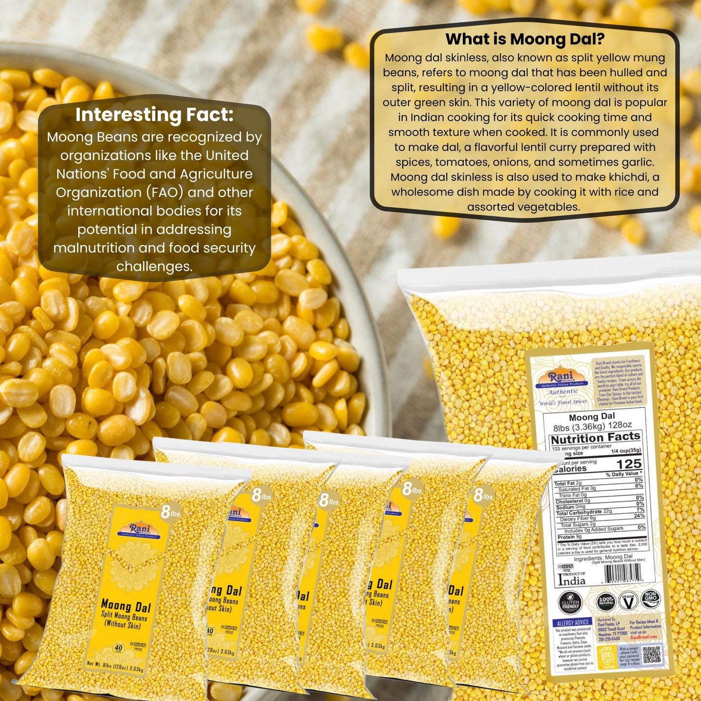 Rani Moong Dal (Split Mung Beans Without Skin) Lentils Indian 128Oz (8Lbs) 3.63Kg X Pack Of 5 (Total 40Lbs) Bulk ~ All Natural | Gluten Friendly | Non-Gmo | Vegan | Indian Origin