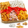 KREMERY Creamy Chocolate Cravings - Fathers Day, Chocolate Covered Pretzels & Caramel Popcorn Gift Basket, in Seagrass Tray + Ri