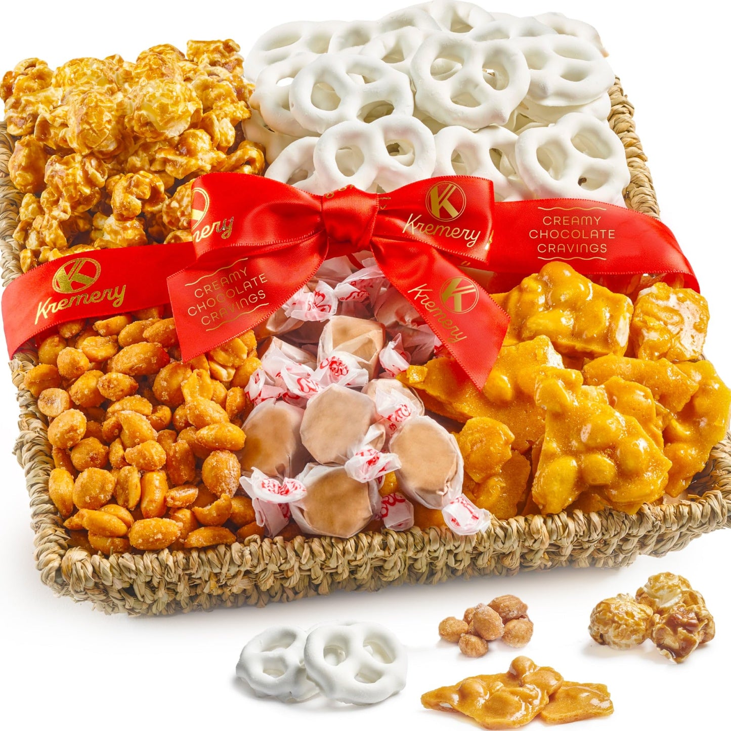 KREMERY Creamy Chocolate Cravings - Fathers Day, Chocolate Covered Pretzels & Caramel Popcorn Gift Basket, in Seagrass Tray + Ri