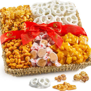 KREMERY Creamy Chocolate Cravings - Fathers Day, Chocolate Covered Pretzels & Caramel Popcorn Gift Basket, in Seagrass Tray + Ri