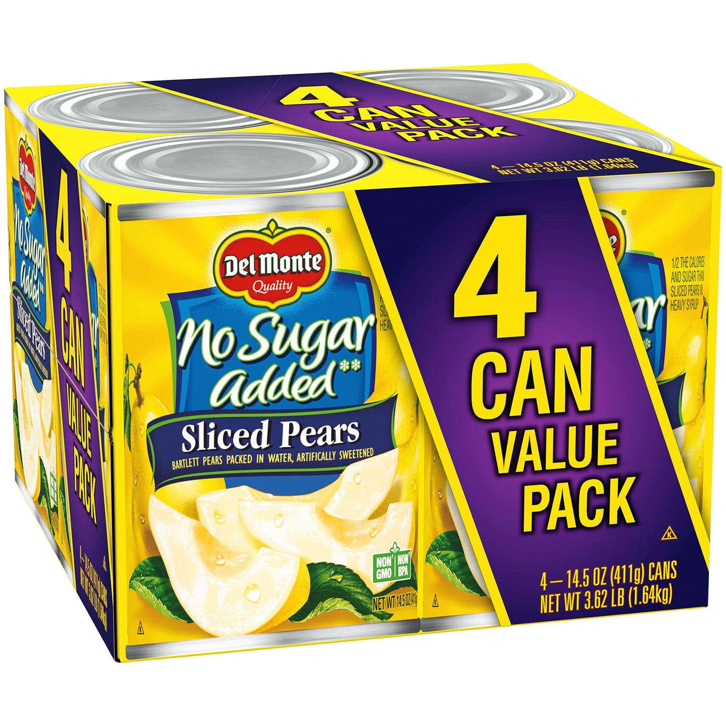 Del Monte No Sugar Added Sliced Bartlett Pears, Canned Fruit, 4 Pack, 14.5 oz, Yellow