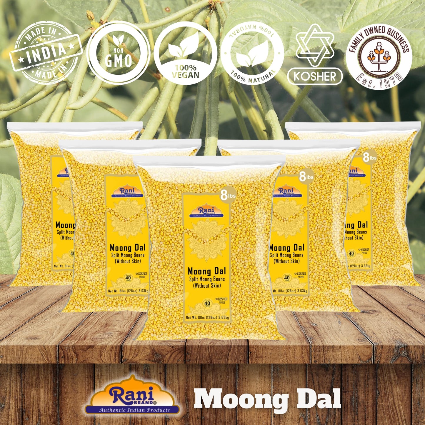 Rani Moong Dal (Split Mung Beans Without Skin) Lentils Indian 128Oz (8Lbs) 3.63Kg X Pack Of 5 (Total 40Lbs) Bulk ~ All Natural | Gluten Friendly | Non-Gmo | Vegan | Indian Origin