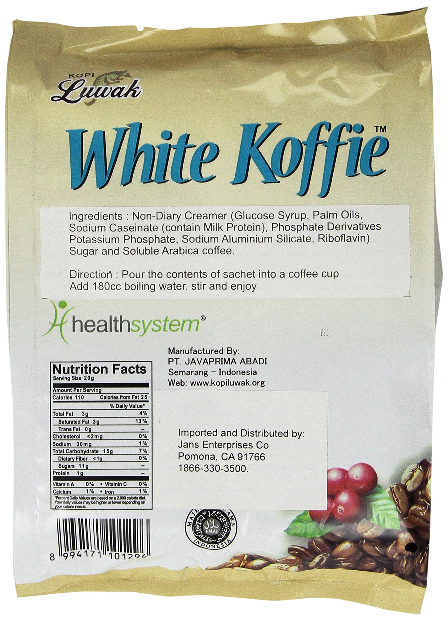 Luwak White Koffie Low Acid (3In1) Instant Coffee 13.5Oz, Pack Of 20 Sachets