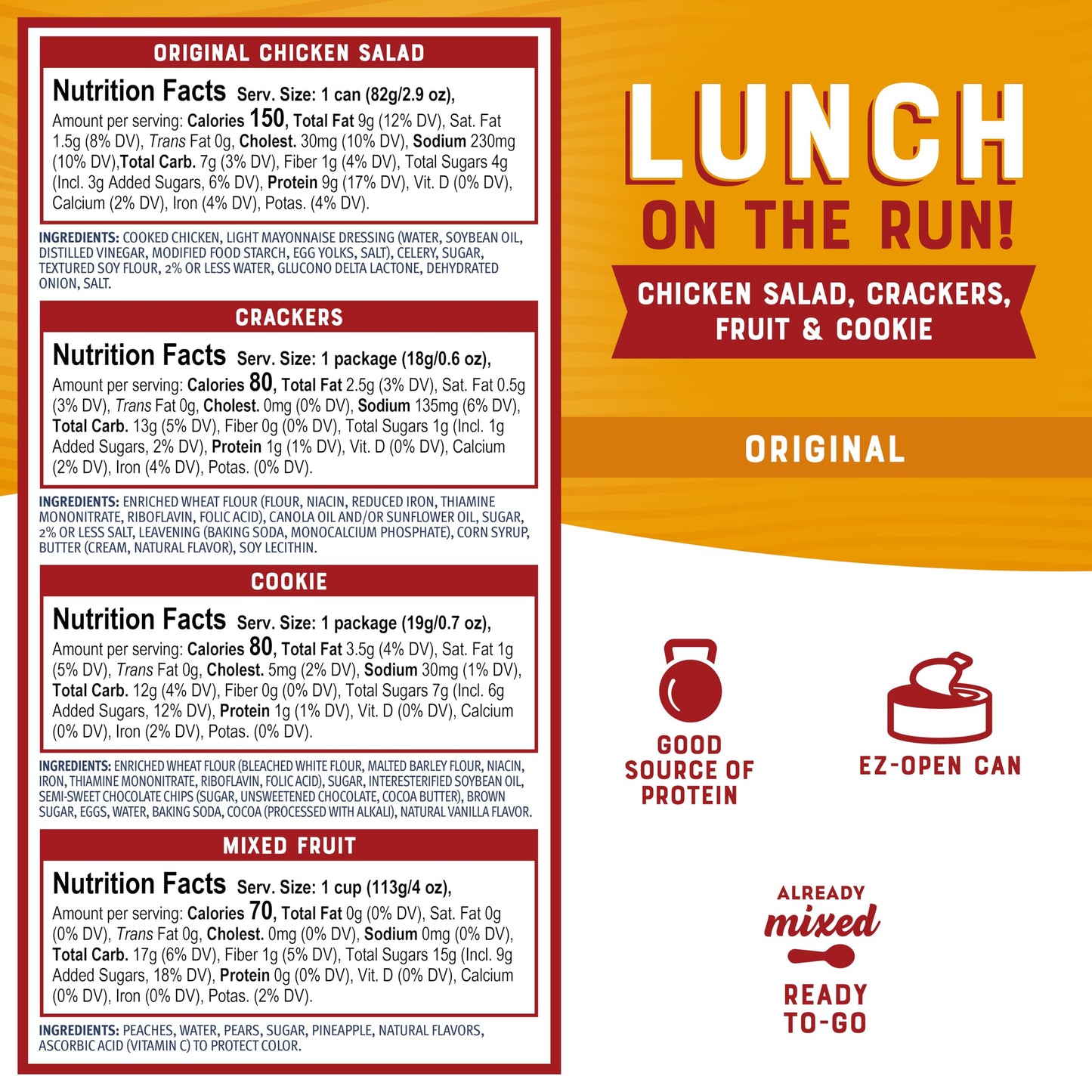 Bumble Bee Lunch On The Run Chicken Salad with ers Kit  8.2 oz - Ready to Eat  Includes ers  Cookie & Mixed Fruit - Shelf Stable & Convenient Source of Protein