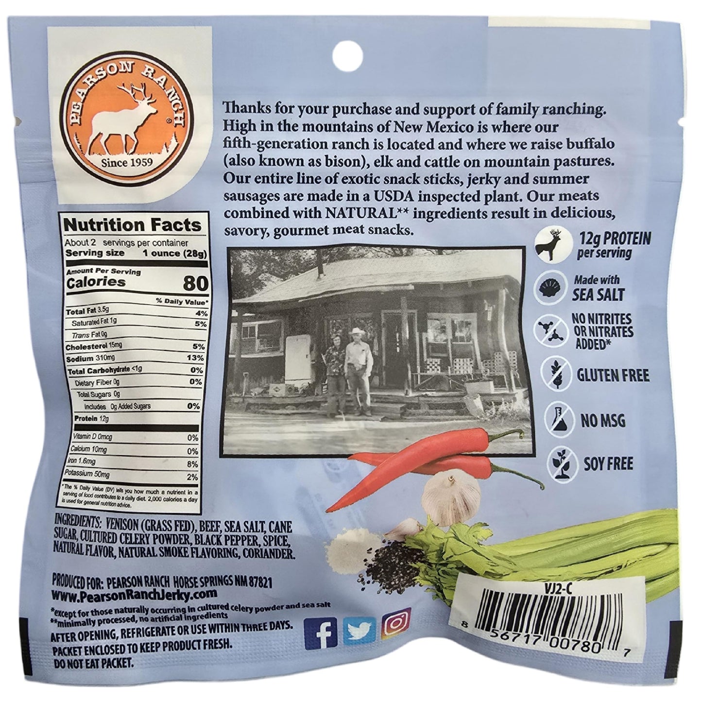 PEARSON RANCH SINCE 1959 Grass Fed Venison Jerky Pack of 2 Venison (Made with added Beef) - Low-Carb, Gluten-Free, No MSG, Paleo