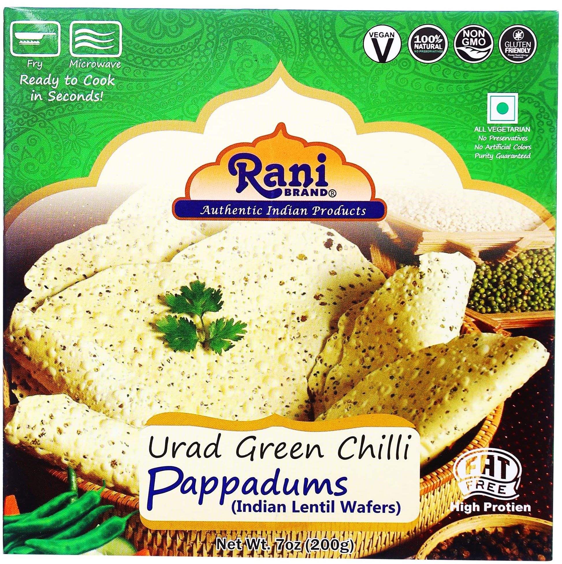 Rani Pappadums (Indian Lentil Wafer Snack) Green Chilli Papad 7oz (200g) Approximately 15pc, 7 inches ~ All Natural | Gluten Fri