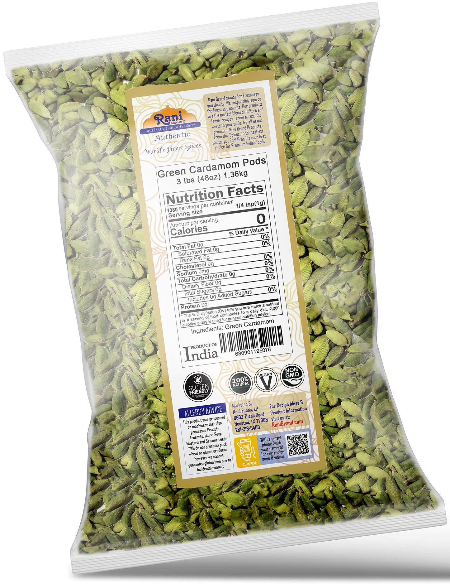 Rani Green Cardamom Pods Spice (Hari Elachi) 48Oz (3Lbs) 1.36Kg Bulk ~ All Natural | Vegan | Gluten Friendly | Non-Gmo | Product Of India