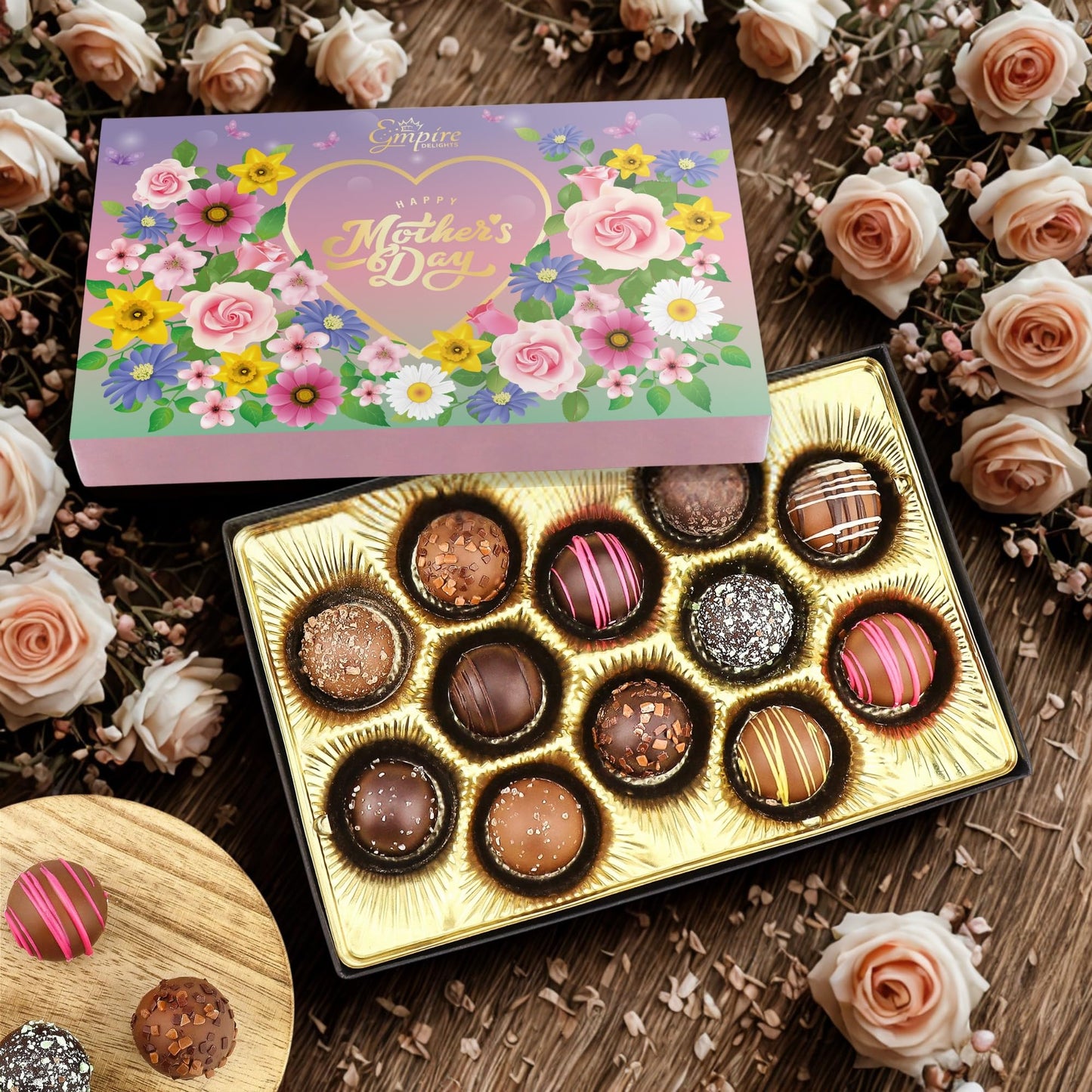 Empire Delights Mothers Day Chocolate Gift Box - 12 Assorted Milk & Dark Truffles - 6 oz Gourmet   for Mom, Wife, Grandma