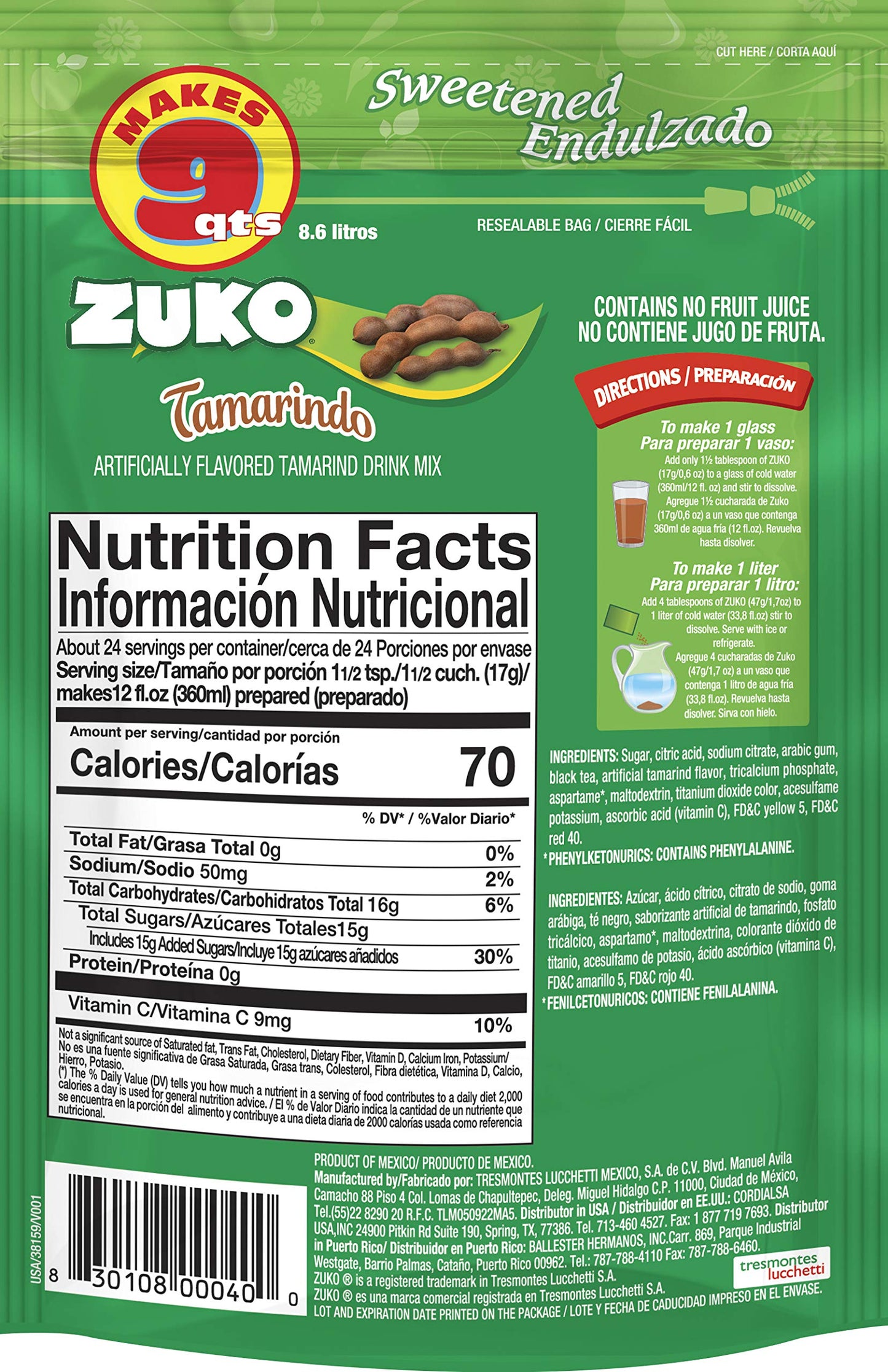 Zuko Tamarindo Instant Powder Drink | Family Pack | No Sugar Needed | Vitamin C | 14.1 Ounce (Pack of 6)