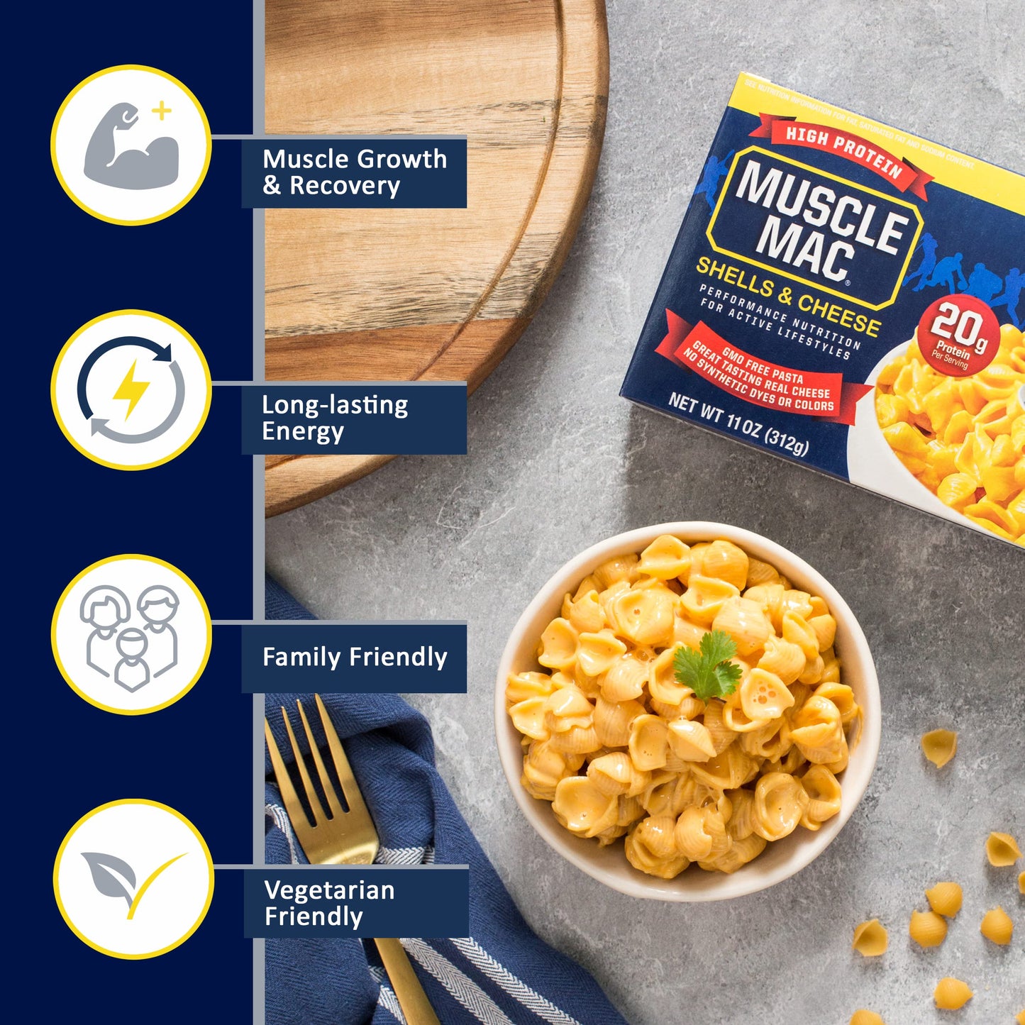 Muscle Mac | Shells & Cheese Pasta For All Ages, 20 Grams Of Protein Per Serving, Real Cheese, Non-GMO, 11 Ounce (Pack of 12)