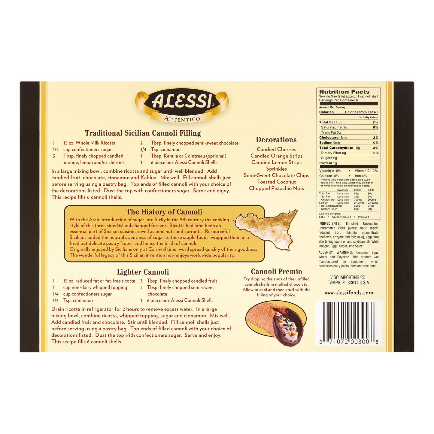 Alessi Cannoli 2-Pack Of Large Sicilian Style Hand Rolled Shells Imported From Italy 4Oz