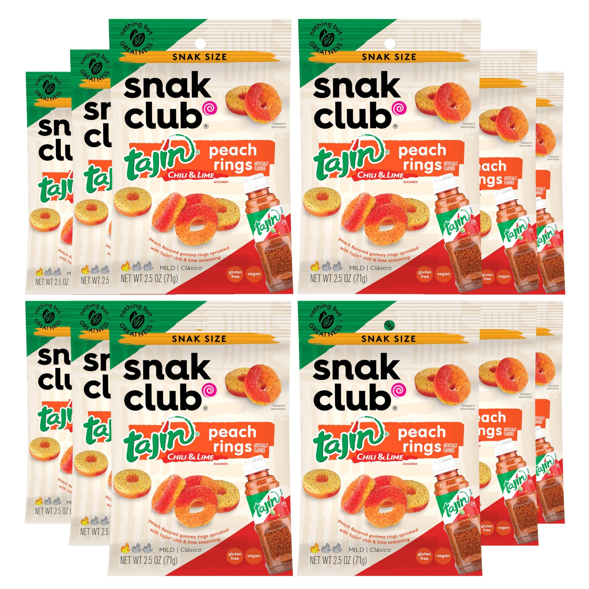 Snak Club Tajin Peach Rings Gummy Candy, Fruit Candy Gummies with Chili and Lime Seasoning, Mild, Gluten-Free and Vegan Snacks, 
