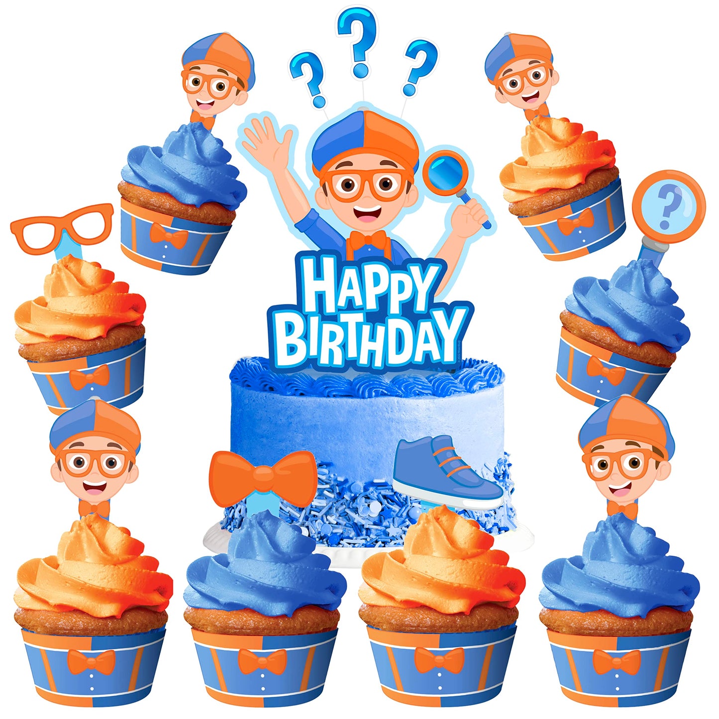 Treasures Gifted Blippi Birthday Party Supplies - Cake Topper Set with 1 Cake Topper & 24 Cupcake Toppers - Blue, Orange, Plastic