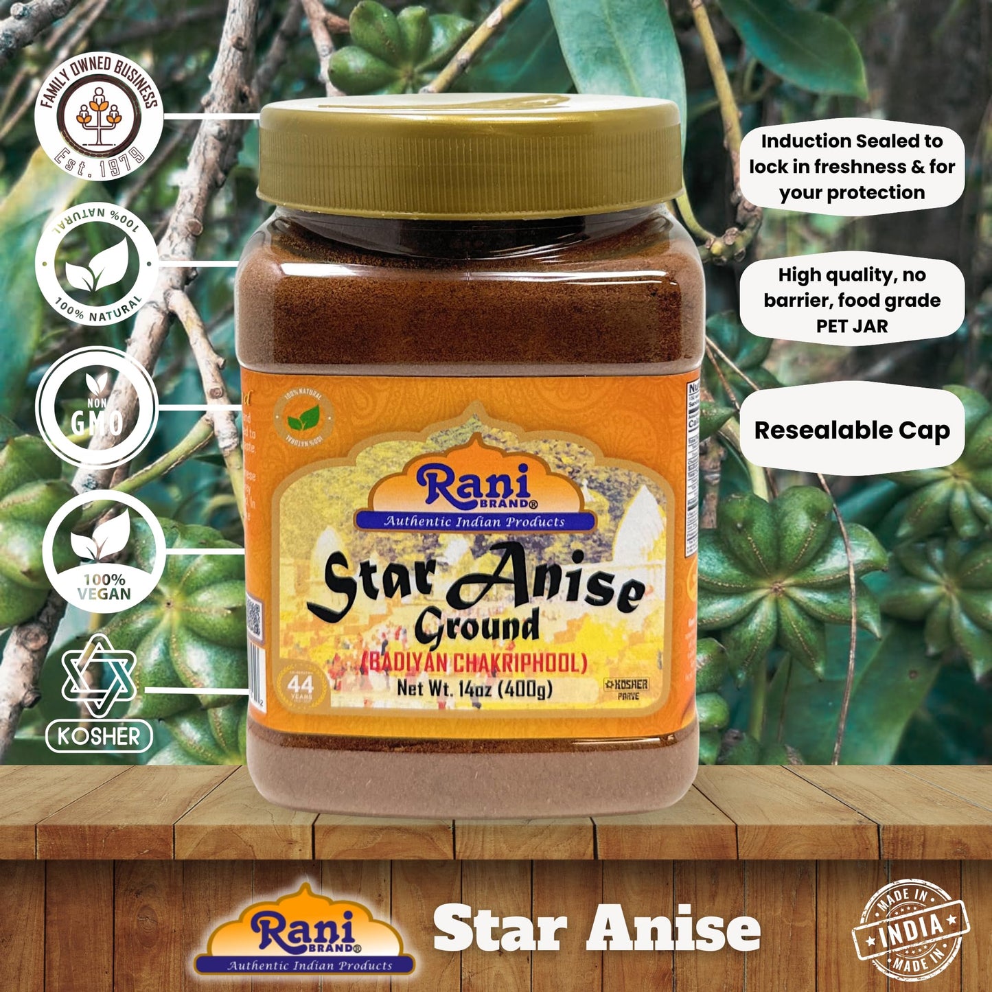 Rani Star Anise Powder (Badian Khatai) Ground Spice 14Oz (400G) Pet Jar ~ All Natural | Gluten Friendly | Non-Gmo | Kosher | Veg
