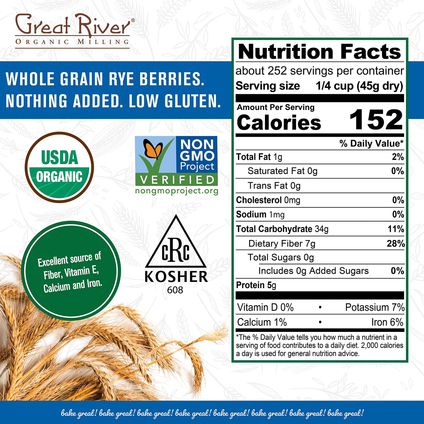 Great River Organic Milling Organic Whole Grain Rye Berries | High-Fiber, Nutrient-Rich Ancient Grain | Non-GMO, Kosher | Ideal