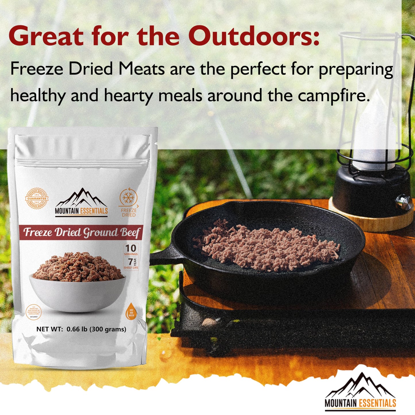 Mountain Essentials Freeze-Dried Ground Beef – Pre-Cooked And Ready-To-Eat Hamburger Meat | Everyday Meal Prep, Emergency Food Supply, Camping And Survival Food | 10 Servings Per Pouch | Made In Usa | 7-Year Shelf Life | Pack Of 1