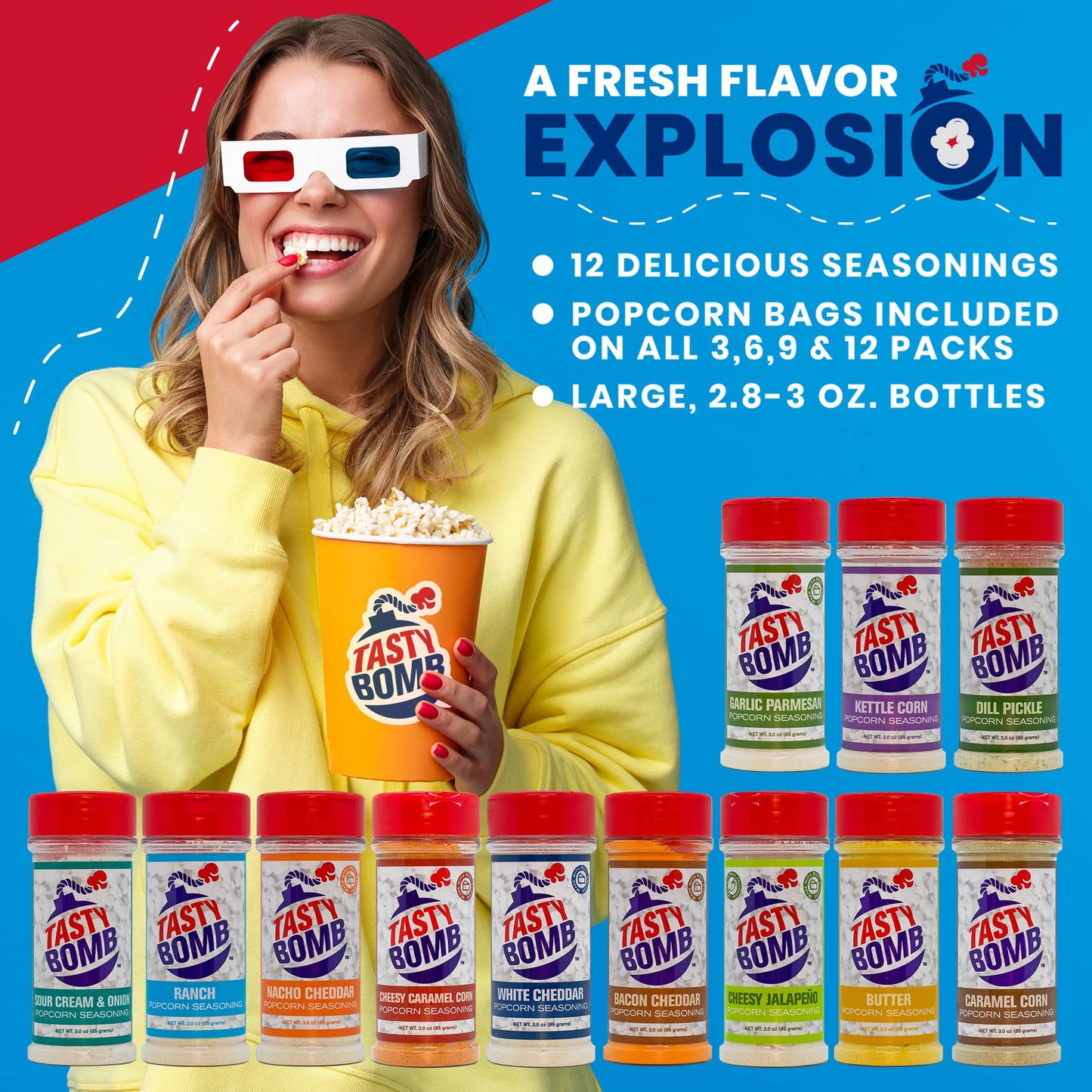 Tasty   Popcorn Seasoning Variety Pack - White Cheddar, Ranch, Garlic Parmesan - Gluten-Free Keto Snack - 3 Ounce (Pack of 3)