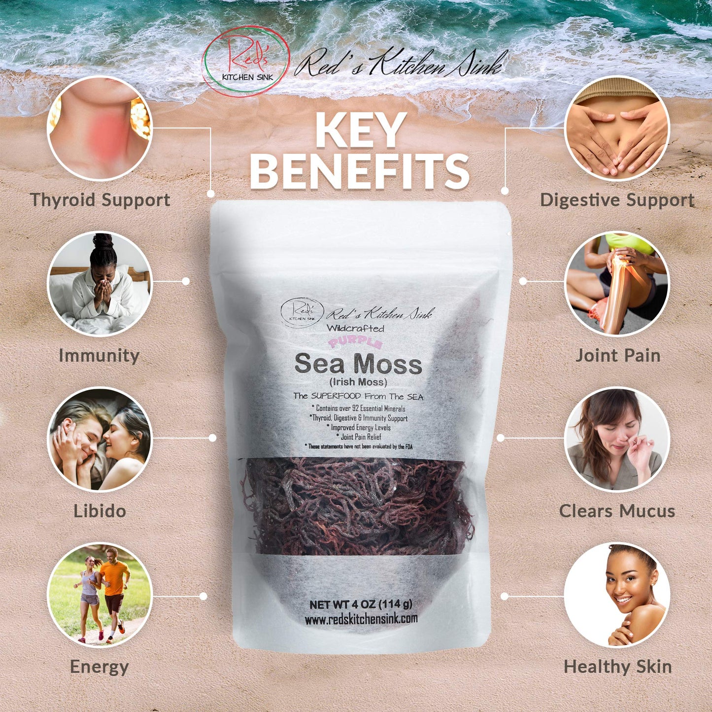 Reds Kitchen Sink Purple Sea Moss - Wildcrafted from St. Lucia | 16oz Makes ~200oz Sea Moss Gel | 100% Natural & Raw | Supports