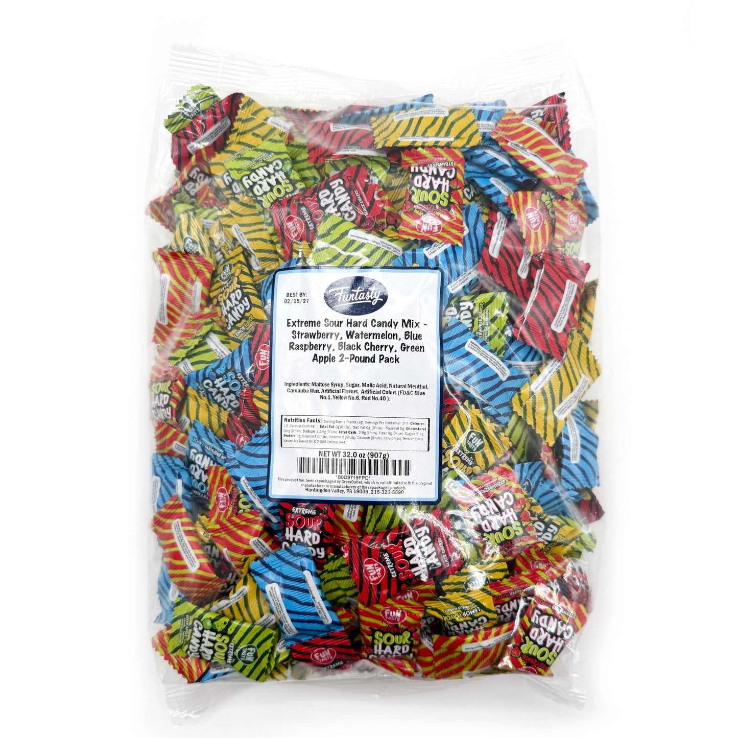 Funtasty Extreme Sour Hard Candy Mix - 2 Pound Bulk Pack (About 300 Count) - Strawberry, Blue Raspberry, Black Cherry, Lemon, Gr