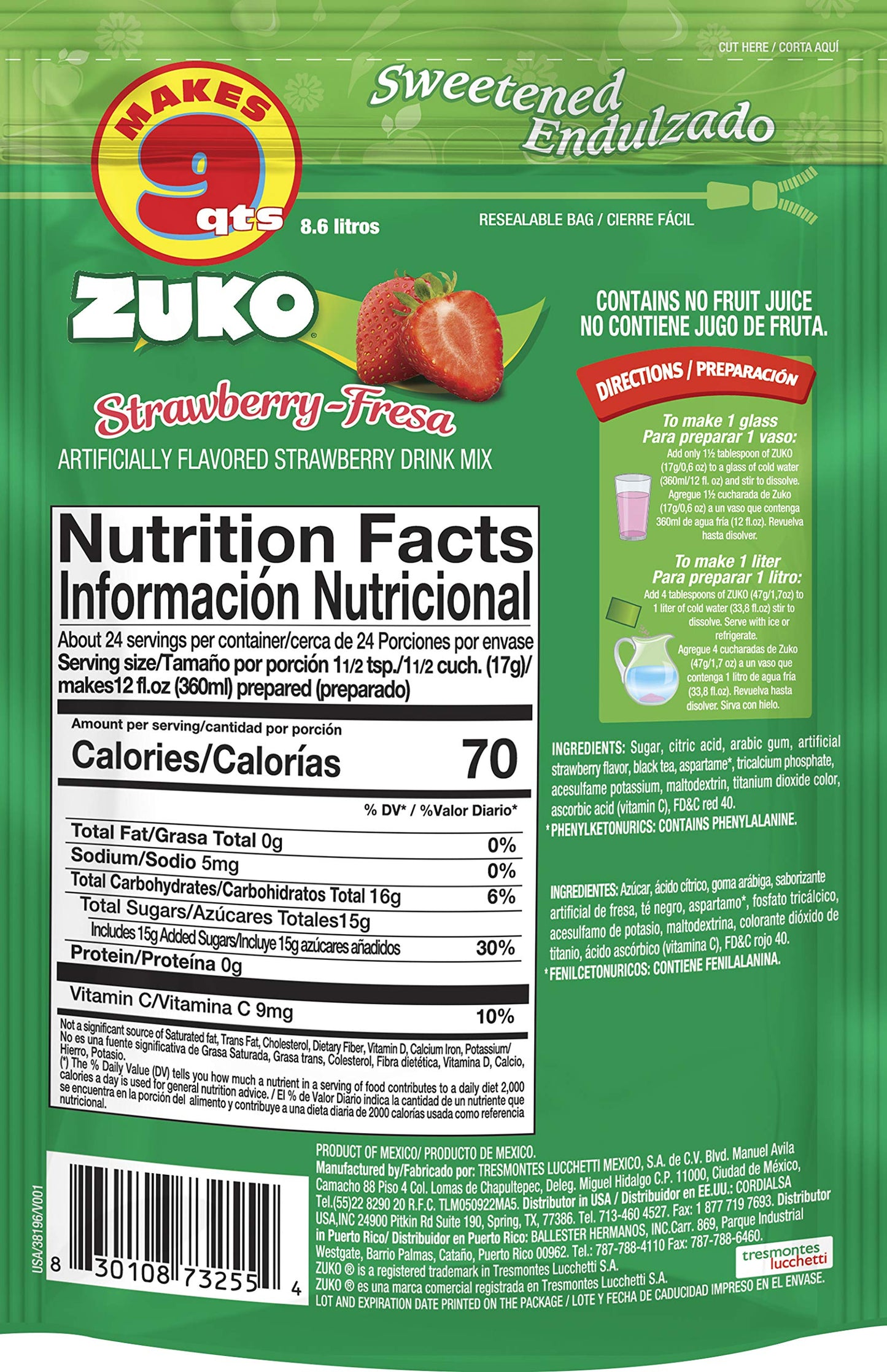 Zuko Strawberry Instant Powder Drink | Family Pack | No Sugar Needed | Vitamin C | 14.1 Ounce (Pack of 6)