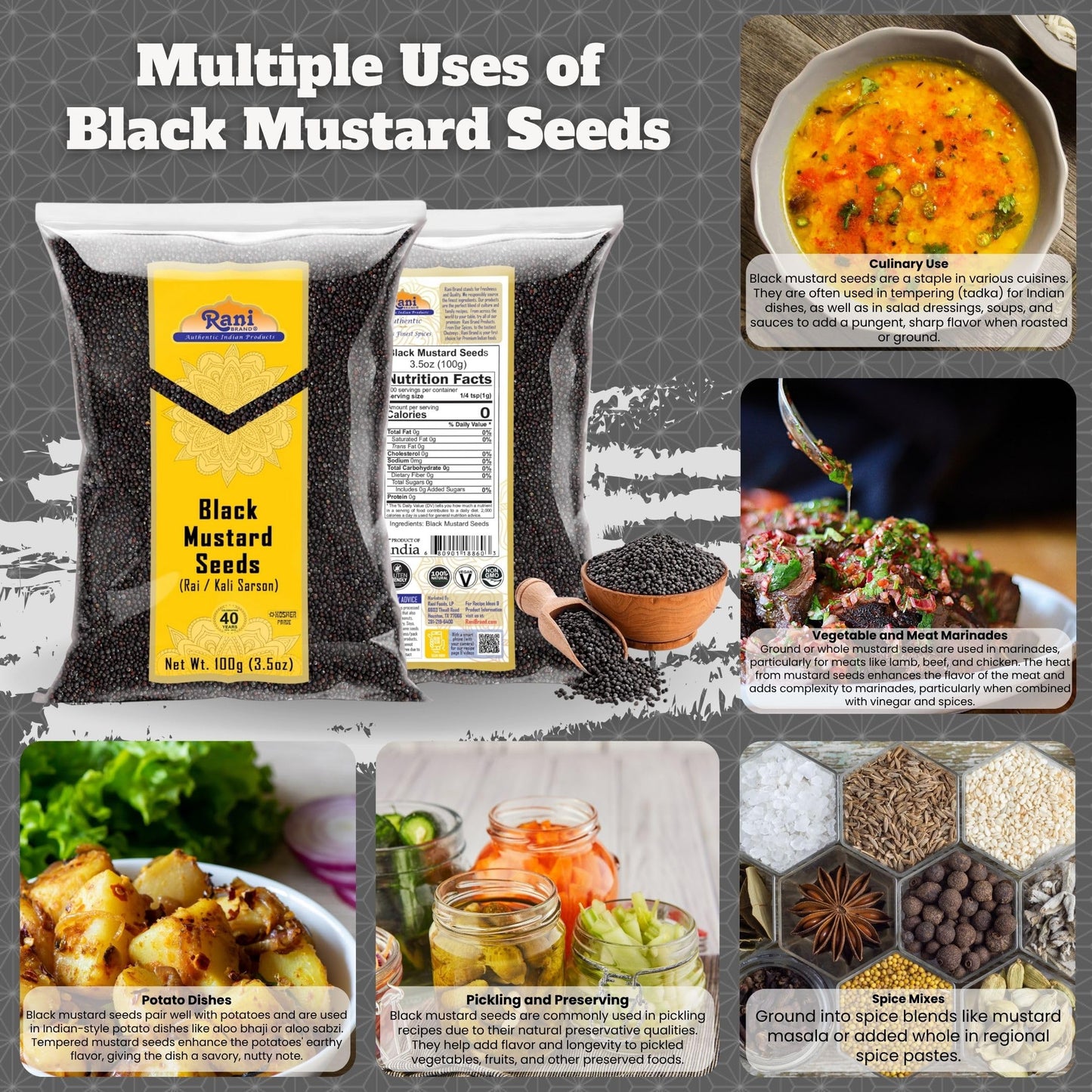 Rani Black Mustard Seeds Whole Spice, Non-GMO, Gluten Friendly, Vegan, 3.5oz (100g)