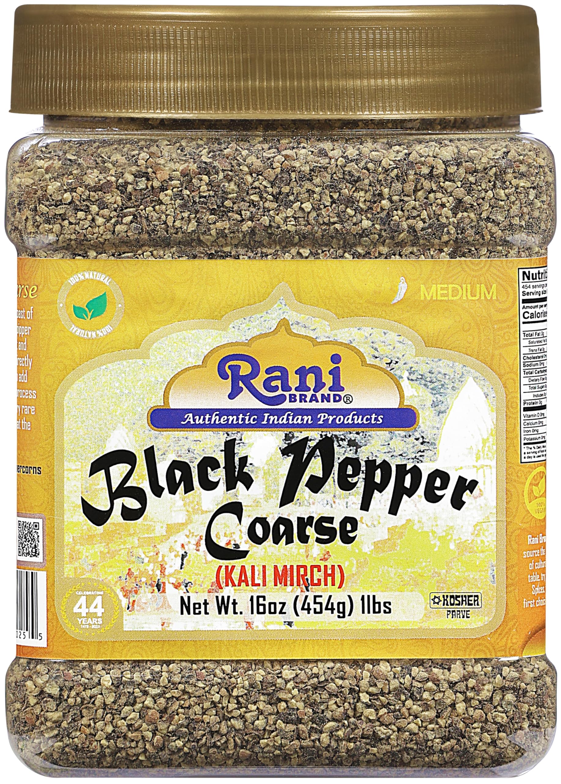 Rani Black Pepper Coarse Ground 28 Mesh (Table Grind) 16Oz (1Lb) 454G Pet Jar ~ All Natural | Vegan | Gluten Friendly | Non-Gmo | Kosher | Product Of Vietnam