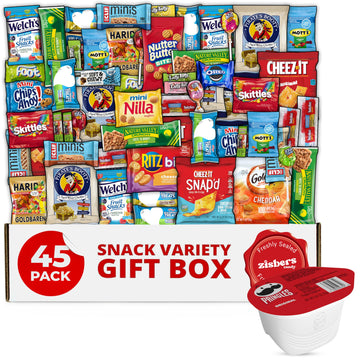 Zisbers Snack Box Care Package - Large Variety Snacks, Candy & Treats for College, Adults & Kids - 45 Pack