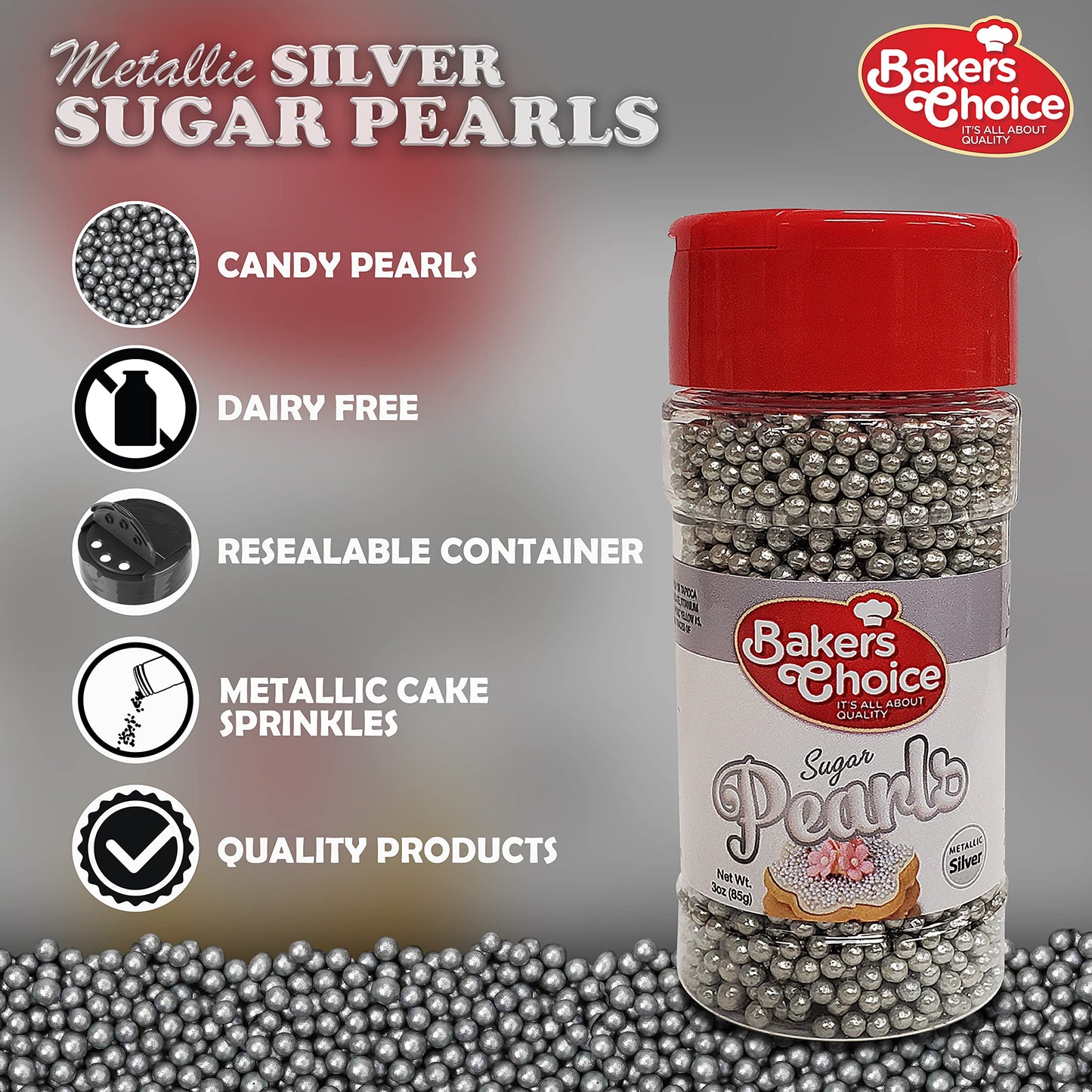 Bakers Choice Edible Pearls - Metallic Silver Sugar Pearls - Dairy Free - 3 oz.