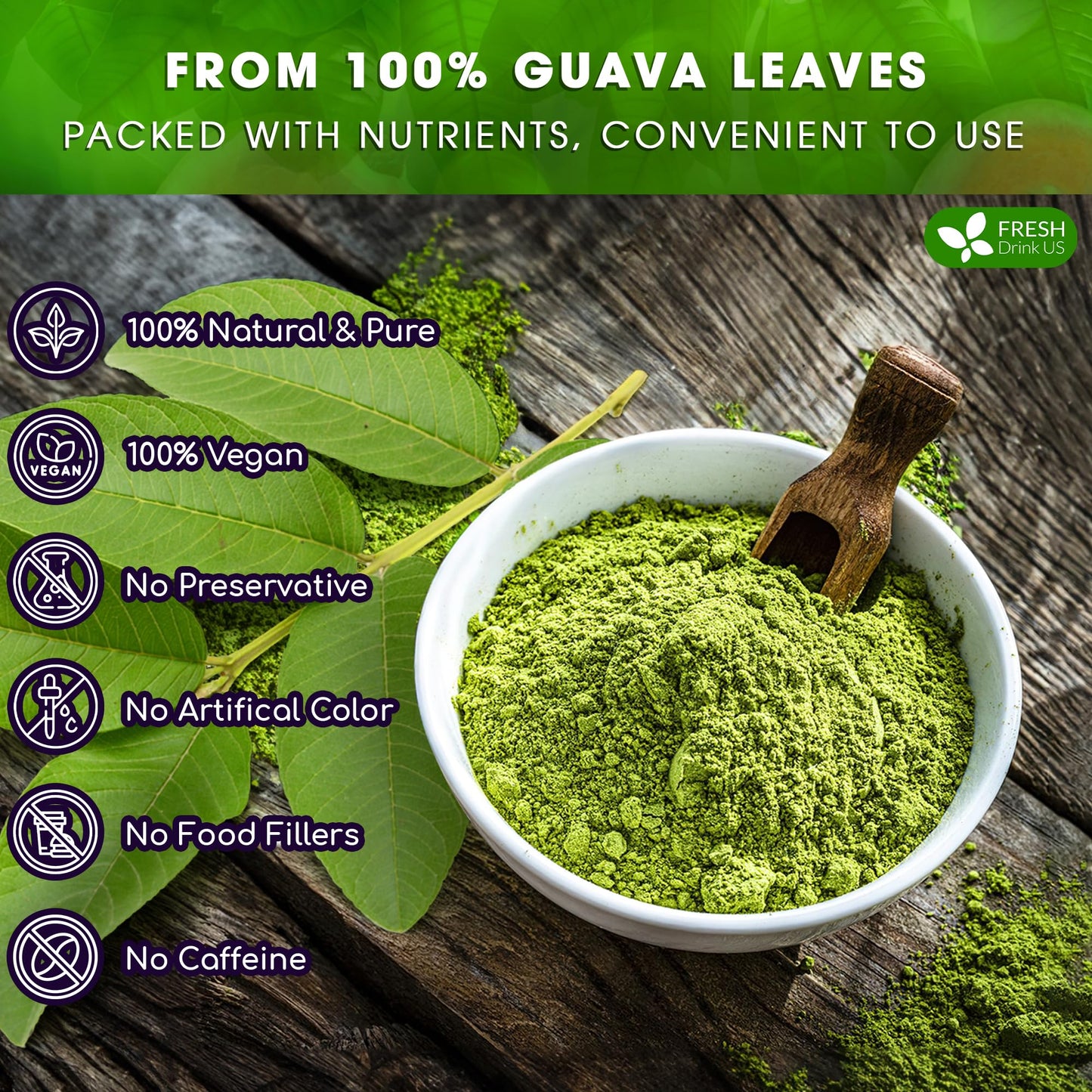 FRESHDRINKUS Guava Leaf Powder | Non-GMO, Gluten-Free, Vegan | 1.1oz