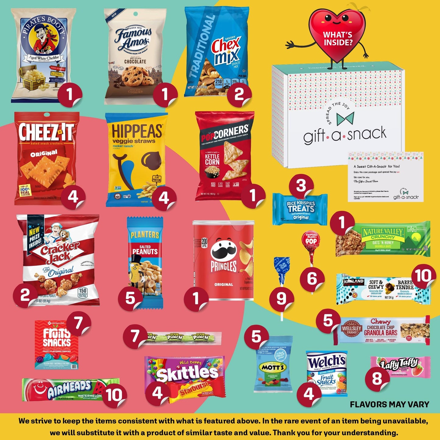 Gift A Snack - Holiday  Christmas Stocking Stuffer Snack Box Variety Pack Care Package + Greeting Card (100 Count) Birthday Sweet  Gift Basket  Candies Chips ers Bars