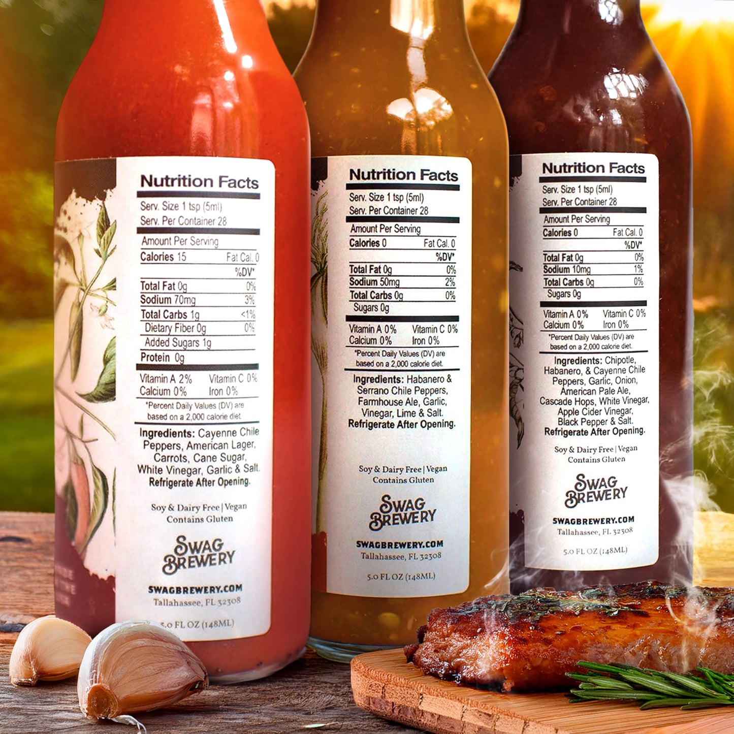 Swag Brewery malt-inspired-infused Hot Sauce Variety 3-pack - Asian Sriracha, Garlic Serrano, Roasty Chipotle - 5 Fl Oz (Pack of 3)