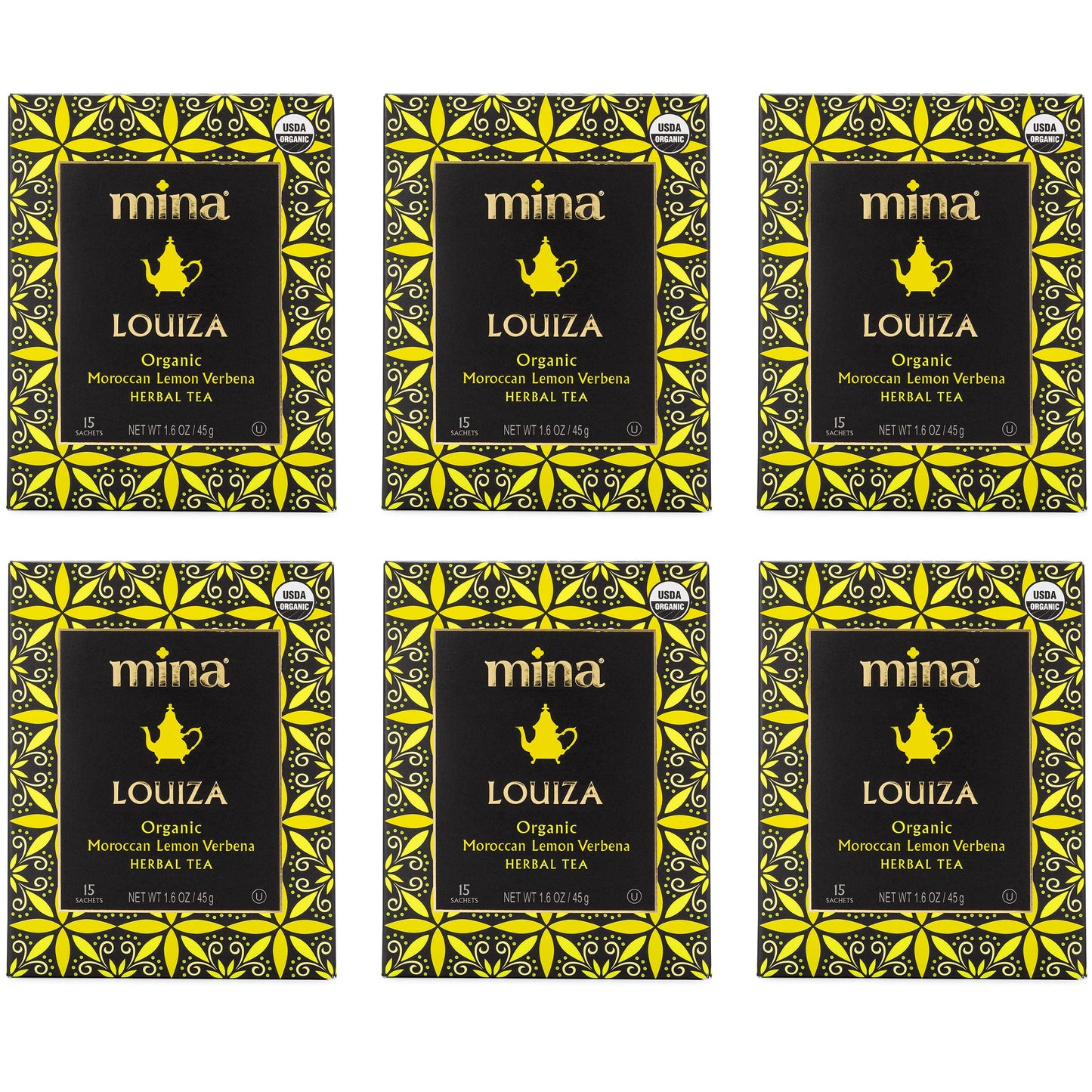 Mina Organic Moroccan Lemon Verbena Tea Bags, Caffeine Free, 6 Pack (90 Count)
