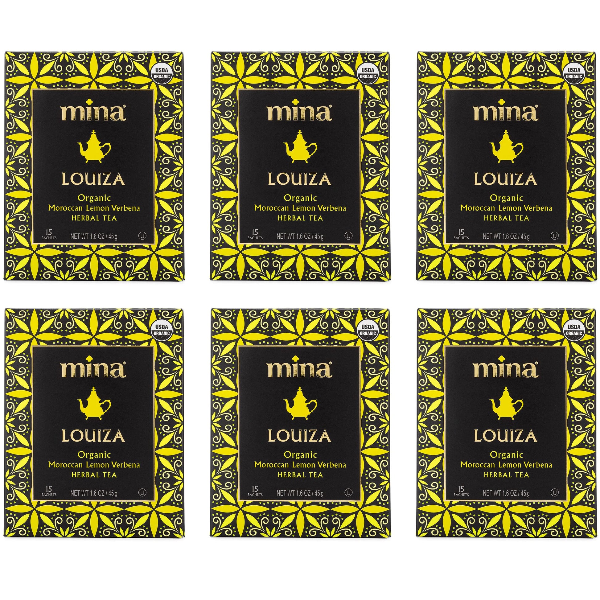 Mina Organic Moroccan Lemon Verbena Tea Bags, Caffeine Free, 6 Pack (90 Count)