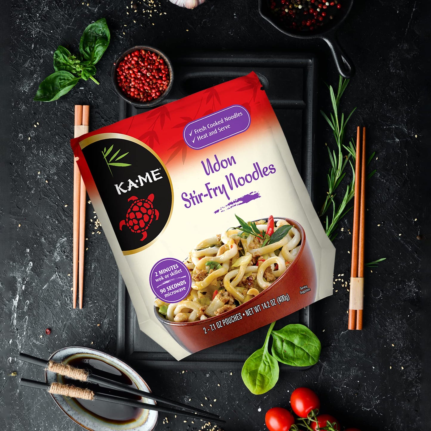 Ka-Me Udon Noodles - Fresh Cooked Stir Fry Noodles 14.2 Oz (Pack Of 6), No Preservatives/Msg, Instant & Microwaveable, Perfect For Traditional Hot & Cold Dishes, Quick Soup Or Stir-Fry & More