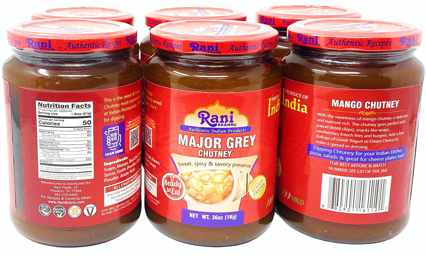 Rani Major Grey Mango Chutney (Indian Preserve) 36Oz (2.2Lbs) 1Kg Value Pack, Glass Jar, Ready To Eat, Vegan, Pack Of 5+1 Free ~