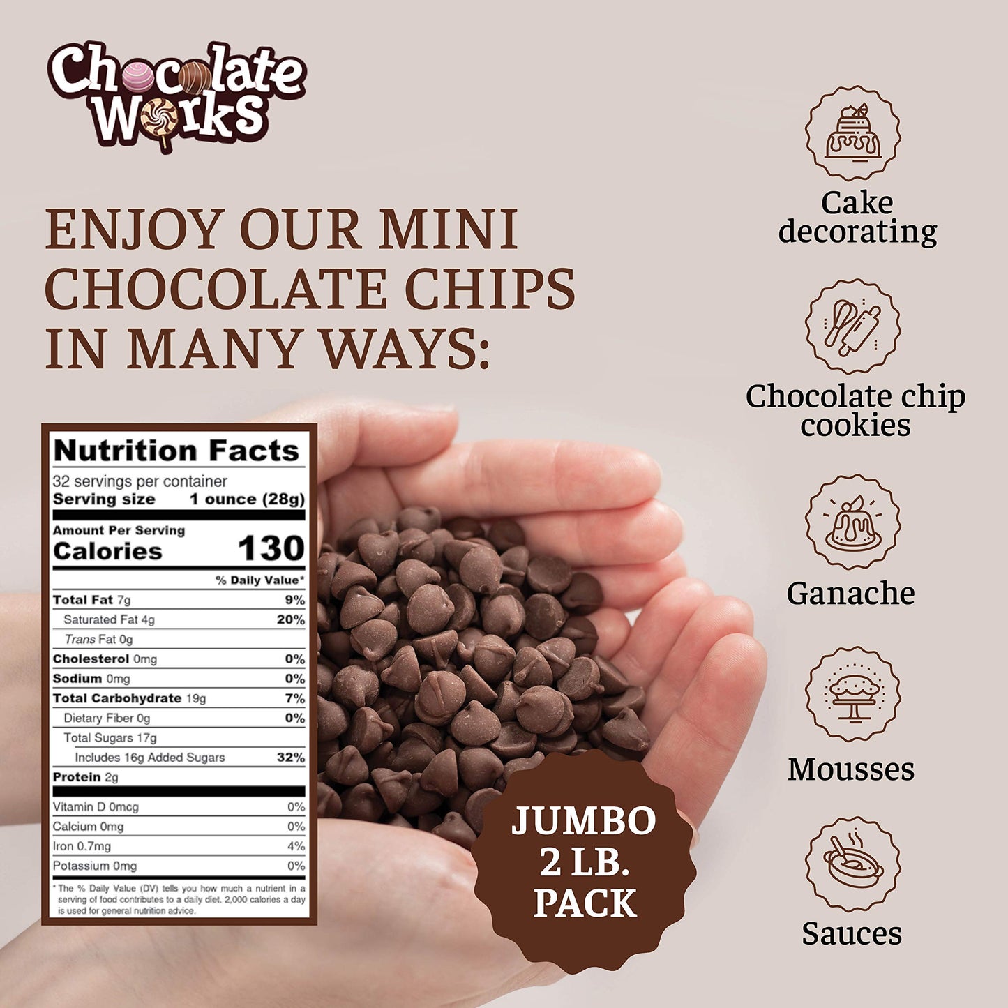 Semi-Sweet Mini Chocolate Chips By Chocolate Works | 2 Lb Jumbo Pack | Great For Baking, Melting, Cooking & More | Dairy Free |