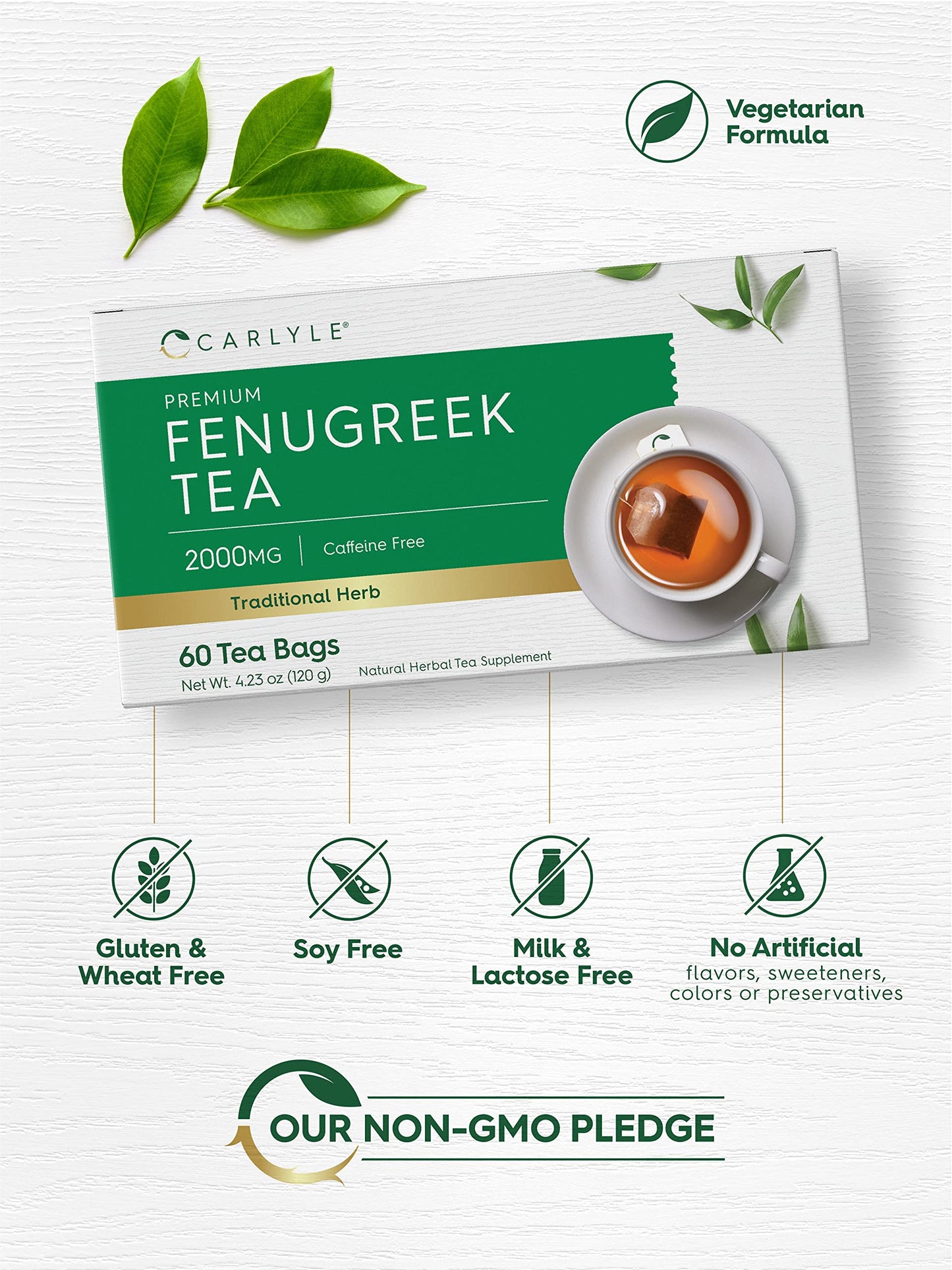 Carlyle Fenugreek Seed Tea - 60 Tea Bags, Caffeine-Free, Vegetarian, Non-GMO, Gluten-Free, Herbal dietary product, CL15042