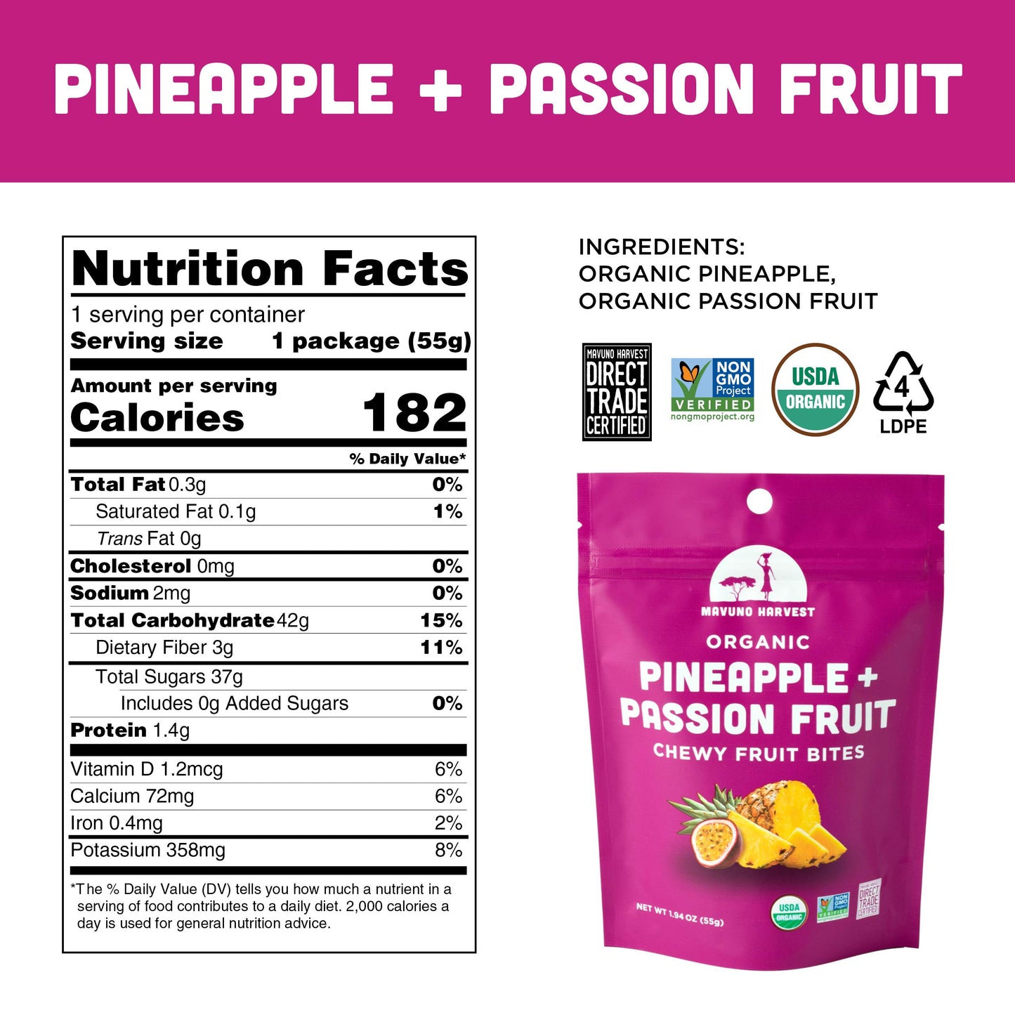 Mavuno Harvest Organic Fruit Snacks - Chewy Fruit Bites - Non-GMO - 1.94 oz (Pack of 3) - Pineapple & Passionfruit